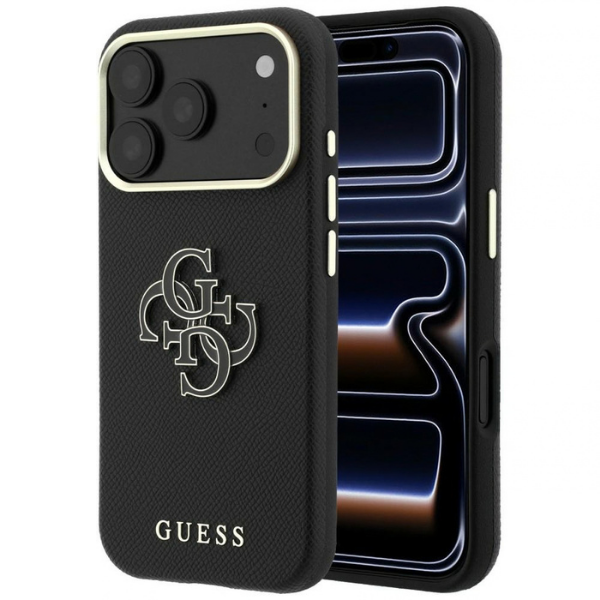 Guess Grained & Big Resin Logo dėklas, skirtas iPhone 18 Pro / 17 Pro – juodas aprašymas - Prekės nuotrauka