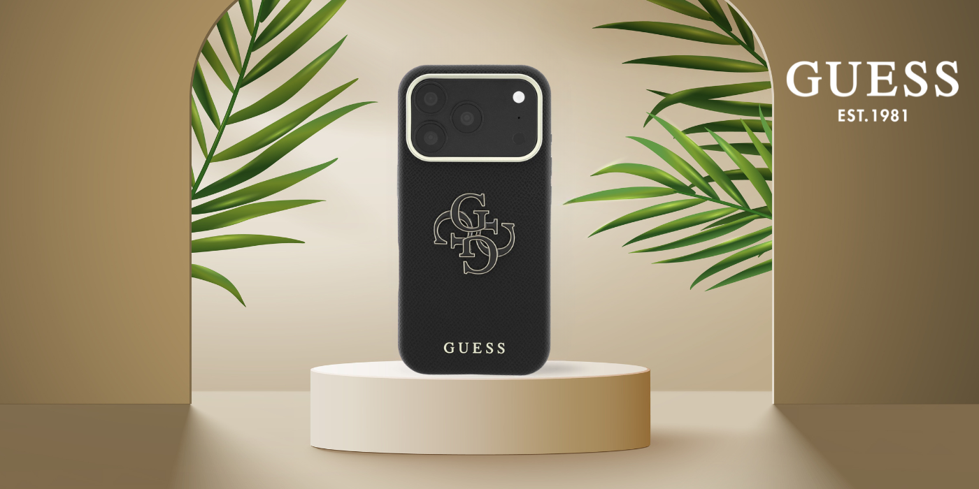 Guess Grained & Big Resin Logo dėklas, skirtas iPhone 18 Pro / 17 Pro – juodas aprašymas - Prekės nuotrauka