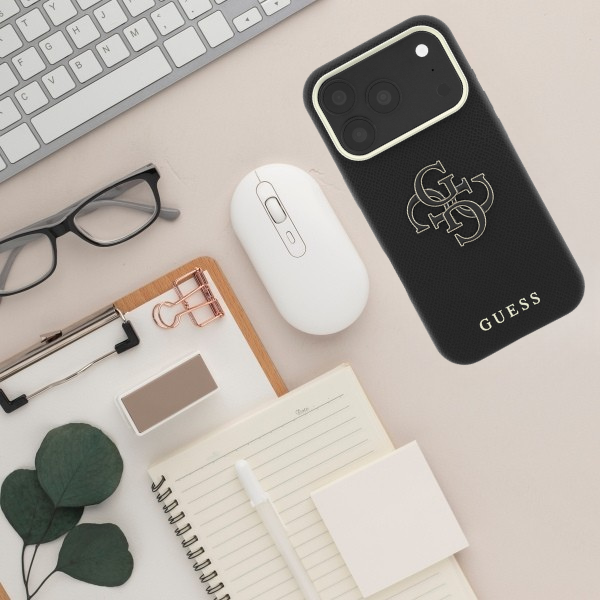Guess Grained & Big Resin Logo dėklas, skirtas iPhone 18 Pro / 17 Pro – juodas aprašymas - Prekės nuotrauka