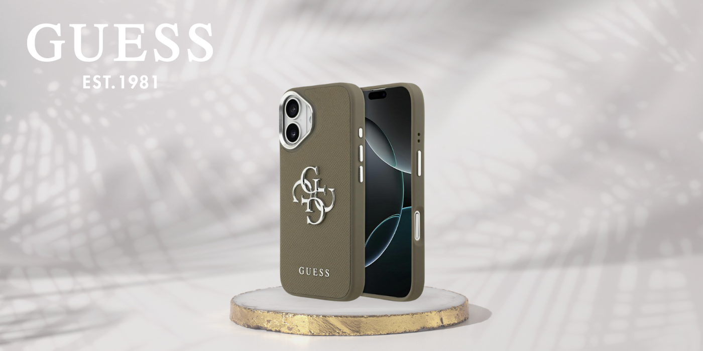 Guess Grūdėtos odos didelis 4G klasikinis logotipo dėklas iPhone 17 Pro Brown aprašymas - Prekės nuotrauka