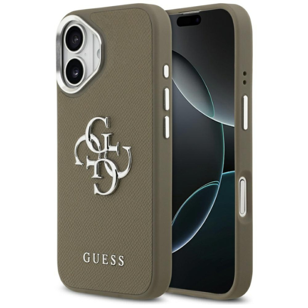 Guess Grūdėtos odos didelis 4G klasikinis logotipo dėklas iPhone 17 Pro Brown aprašymas - Prekės nuotrauka
