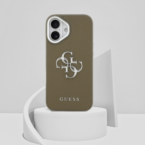 Guess Grūdėtos odos didelis 4G klasikinis logotipo dėklas iPhone 17 Pro Brown aprašymas - Prekės nuotrauka