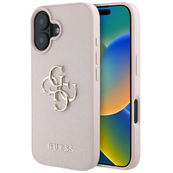 Guess Grained Big 4G Logo Small Classic Logo Apple iPhone 16 dėklas telefonui rožinės spalvos aprašymas - Prekės nuotrauka