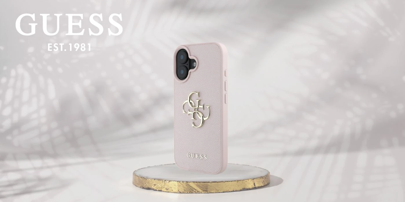 Guess Grained Big 4G Logo Small Classic Logo Apple iPhone 16 dėklas telefonui rožinės spalvos aprašymas - Prekės nuotrauka