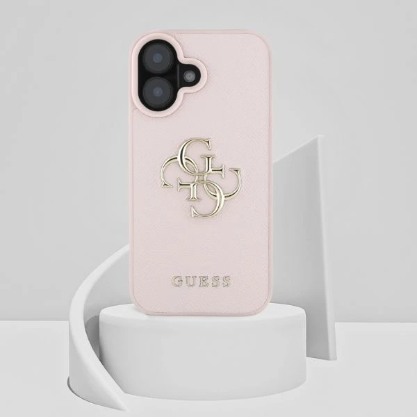 Guess Grained Big 4G Logo Small Classic Logo Apple iPhone 16 dėklas telefonui rožinės spalvos aprašymas - Prekės nuotrauka