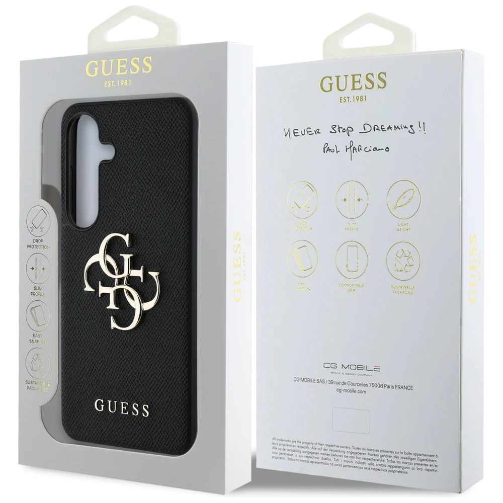 Guess Grained Big 4G Logo Small Classic Logo Samsung Galaxy S25 Plus dėklas telefonui juodos spalvos aprašymas - Prekės nuotrauka