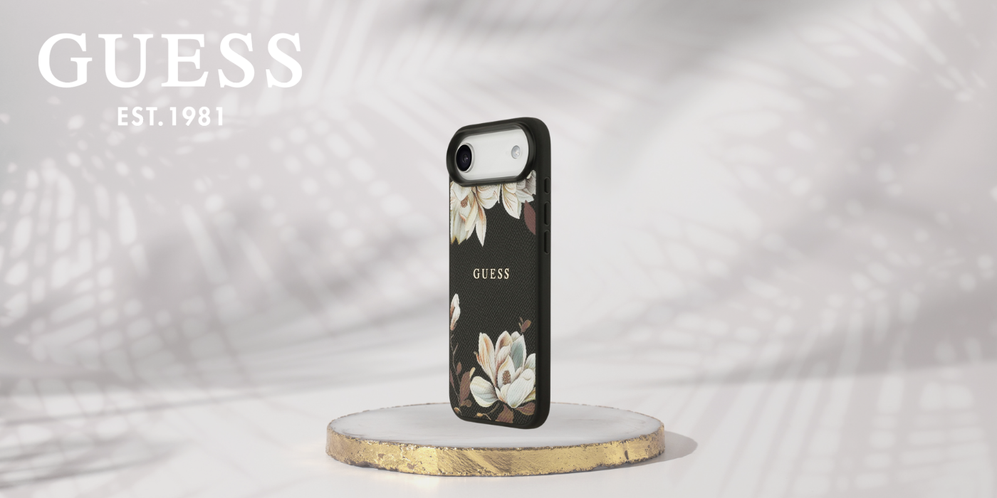 Guess Grained Flowers Classic Logo MagSafe dėklas Apple iPhone Air juodos spalvos aprašymas - Prekės nuotrauka
