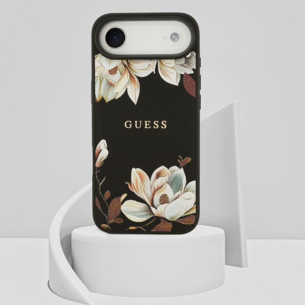 Guess Grained Flowers Classic Logo MagSafe dėklas Apple iPhone Air juodos spalvos aprašymas - Prekės nuotrauka