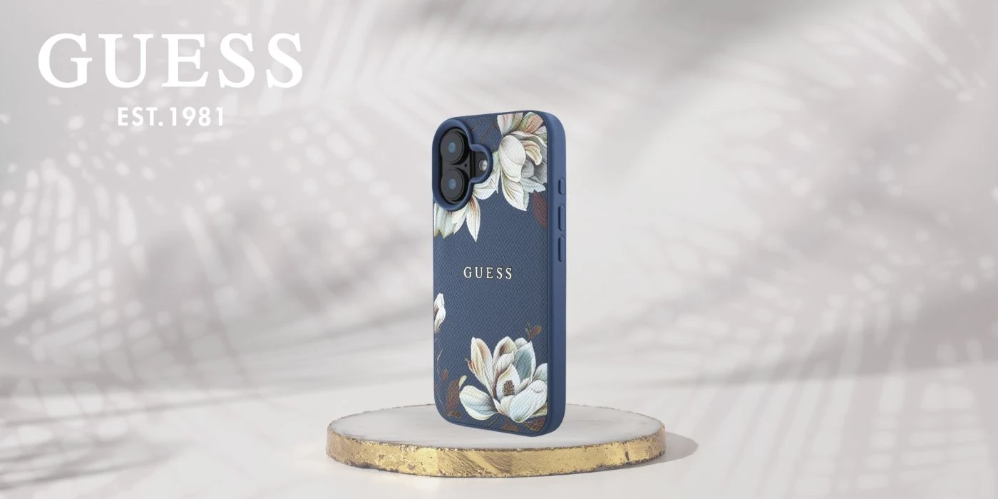 Guess Grained Printed Flower Pattern MagSafe Apple iPhone 16 dėklas telefonui mėlynos spalvos aprašymas - Prekės nuotrauka Guess Grained Printed Flower Pattern MagSafe Apple iPhone 16 dėklas telefonui mėlynos spalvos aprašymas - Prekės nuotrauka