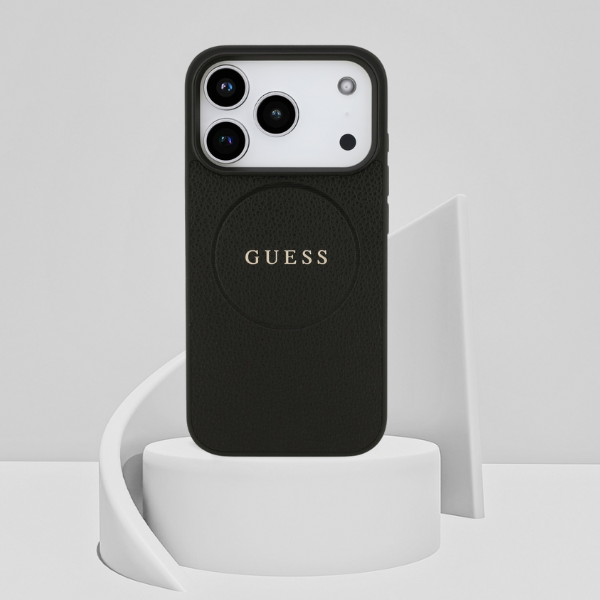Guess Grained Ring MagSafe dėklas Apple iPhone 17 Pro juodos spalvos aprašymas - Prekės nuotrauka Guess Grained Ring MagSafe dėklas Apple iPhone 17 Pro juodos spalvos aprašymas - Prekės nuotrauka