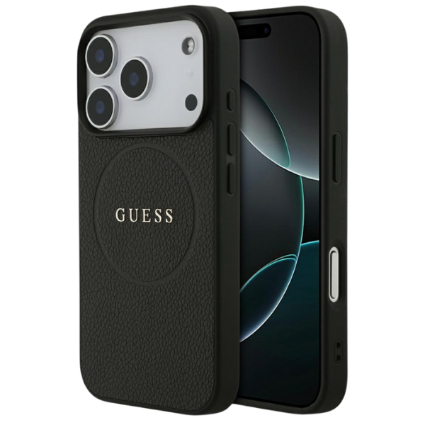 Guess Grained Ring MagSafe dėklas Apple iPhone 17 Pro juodos spalvos aprašymas - Prekės nuotrauka Guess Grained Ring MagSafe dėklas Apple iPhone 17 Pro juodos spalvos aprašymas - Prekės nuotrauka
