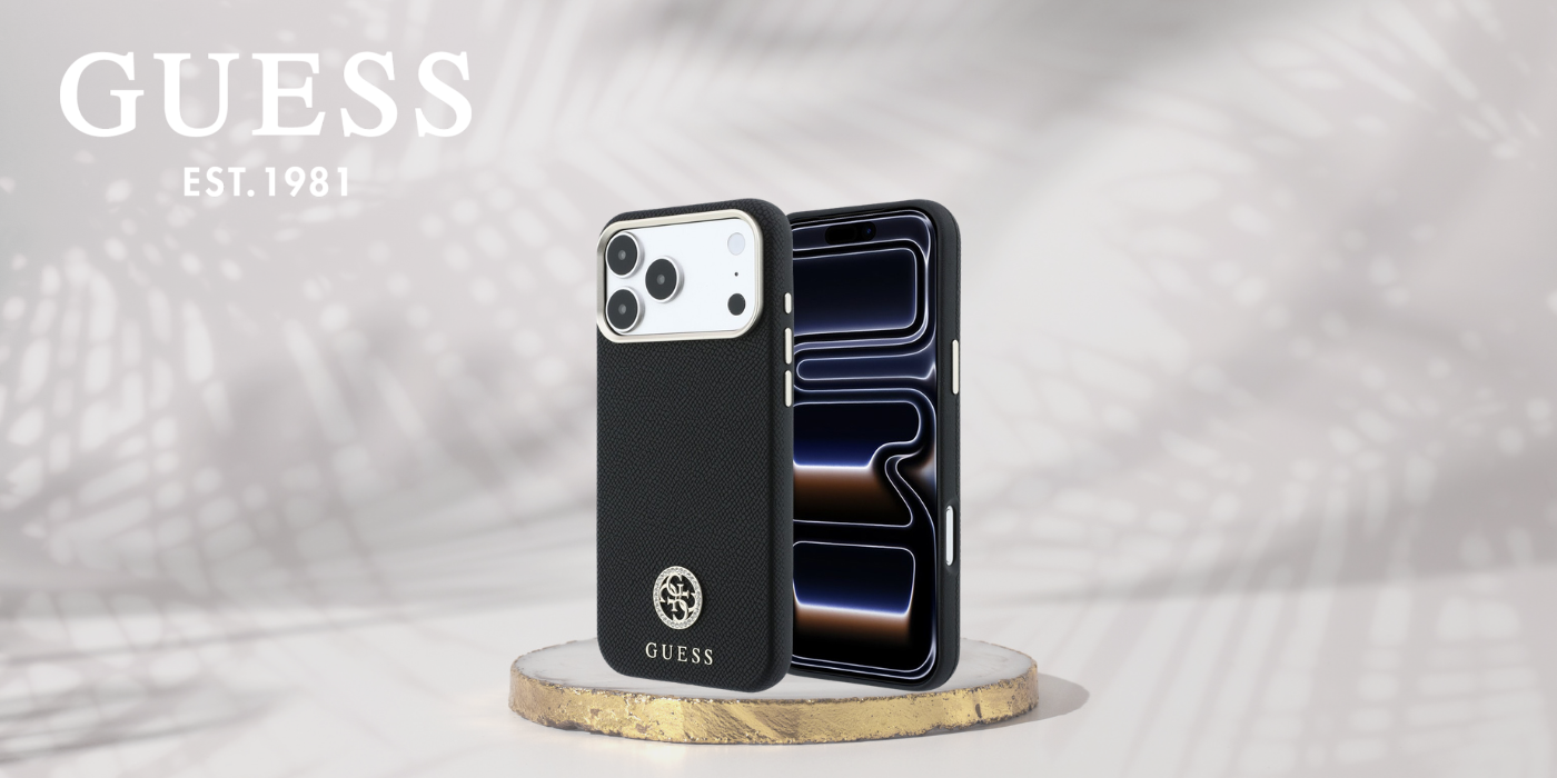 Guess Grained Round Strass Logo MagSafe dėklas, skirtas iPhone 18 Pro Max / 17 Pro Max, juodas aprašymas - Prekės nuotrauka