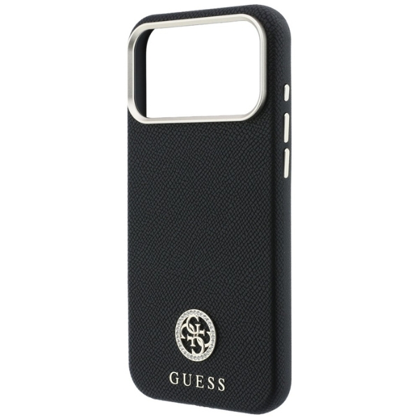 Guess Grained Round Strass Logo MagSafe dėklas, skirtas iPhone 18 Pro Max / 17 Pro Max, juodas aprašymas - Prekės nuotrauka