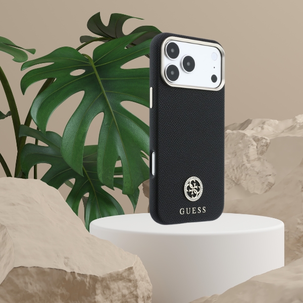 Guess Grained Round Strass Logo MagSafe dėklas, skirtas iPhone 18 Pro Max / 17 Pro Max, juodas aprašymas - Prekės nuotrauka