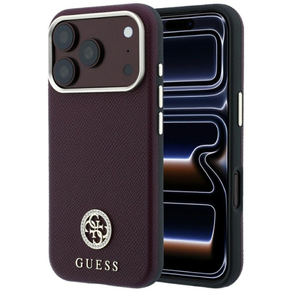 Guess Grained Round Strass Logo MagSafe dėklas, skirtas iPhone 18 Pro Max / 17 Pro Max, bordo spalvos aprašymas - Prekės nuotrauka