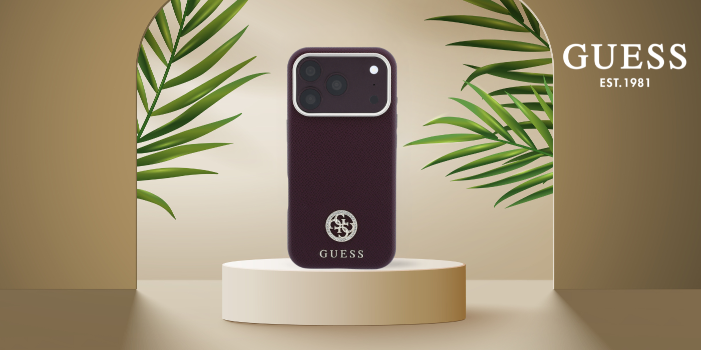 Guess Grained Round Strass Logo MagSafe dėklas, skirtas iPhone 18 Pro Max / 17 Pro Max, bordo spalvos aprašymas - Prekės nuotrauka