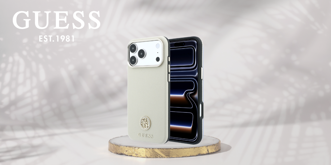 Guess Grained Round Strass Logo MagSafe dėklas, skirtas iPhone 18 Pro / 17 Pro – smėlio spalvos aprašymas - Prekės nuotrauka