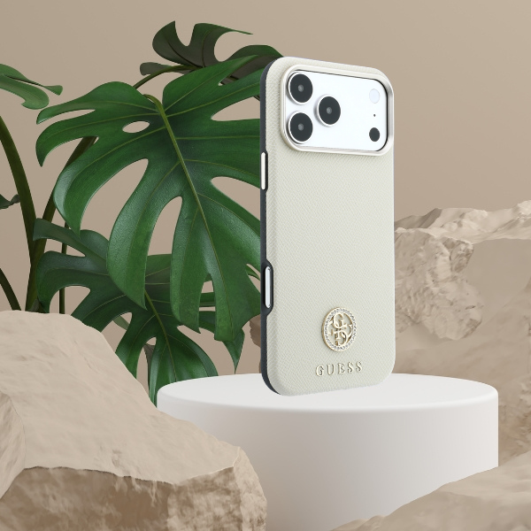 Guess Grained Round Strass Logo MagSafe dėklas, skirtas iPhone 18 Pro / 17 Pro – smėlio spalvos aprašymas - Prekės nuotrauka
