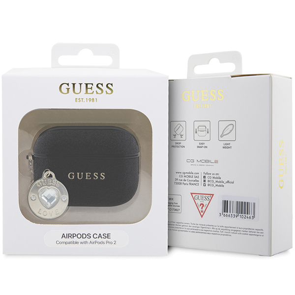 Guess GUAP2PGEHCDK AirPods Pro 2 (2022/2023) dėklas juodos spalvos Fixed Glitter Heart Diamond Charm aprašymas - Prekės nuotrauka