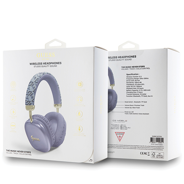 Guess Bluetooth on-ear ausinės GUBHK1GCTCSU violetinė/violetinė Gcube Metallic Script Logo aprašymas - Prekės nuotrauka