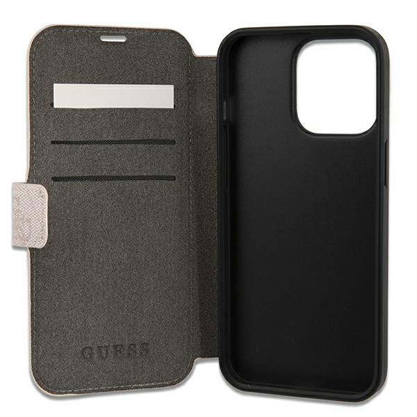 Guess GUBKP13X4GMGPI iPhone 13 Pro Max 6,7″ rožinės spalvos knygutės tipo dėklas 4G Big Metal Logo aprašymas - Prekės nuotrauka