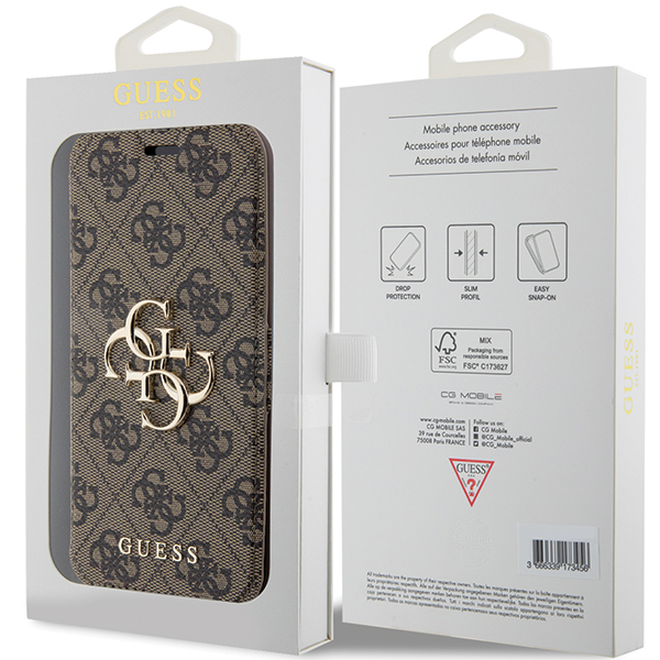 Guess GUBKP15L4GMGBR iPhone 15 Pro 6.1″ rudas knygutės tipo dėklas 4G Metal Logo aprašymas - Prekės nuotrauka