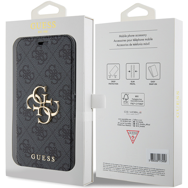 Guess GUBKP15L4GMGGR iPhone 15 Pro 6.1″ pilkos spalvos knygutės tipo dėklas 4G Metal Logo aprašymas - Prekės nuotrauka