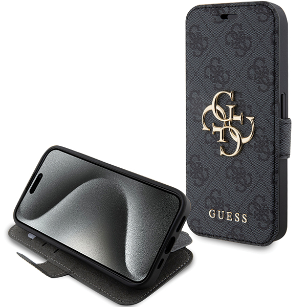 Guess GUBKP15L4GMGGR iPhone 15 Pro 6.1″ pilkos spalvos knygutės tipo dėklas 4G Metal Logo aprašymas - Prekės nuotrauka