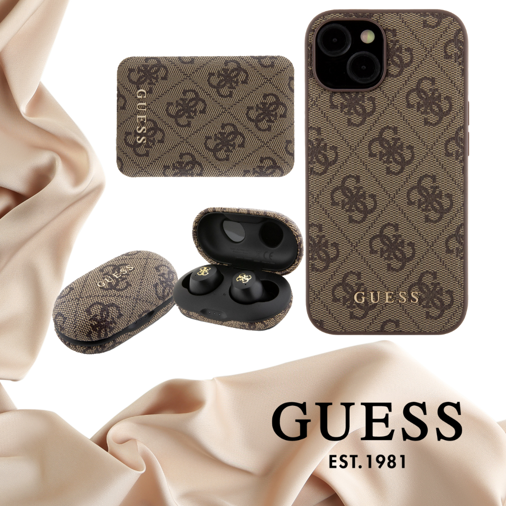 „Guess“ GUBPM5P15S4GEMGW „iPhone15“ 6.1″ kietas dėklas + „Powerbank“ 5000mAh „MagSafe“, rudos spalvos, 4G „Metal Logo“ aprašymas - Prekės nuotrauka