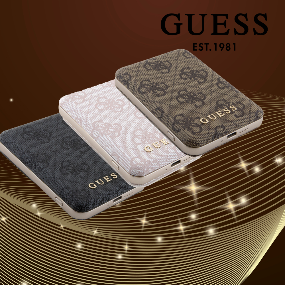 „Guess“ GUBPM5P15S4GEMGW „iPhone15“ 6.1″ kietas dėklas + „Powerbank“ 5000mAh „MagSafe“, rudos spalvos, 4G „Metal Logo“ aprašymas - Prekės nuotrauka