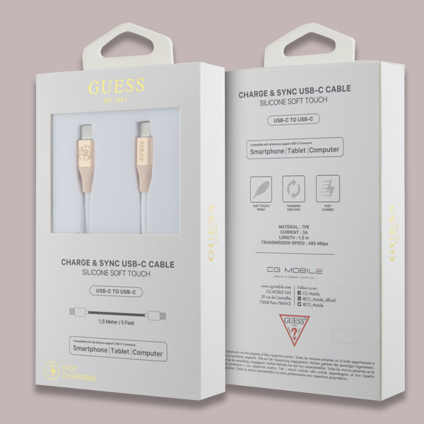 Guess GUCCLALRGDD laidas USB-C – USB-C 1.5m greitas įkrovimas, šviesiai auksinis, su įspaustu logotipu aprašymas - Prekės nuotrauka
