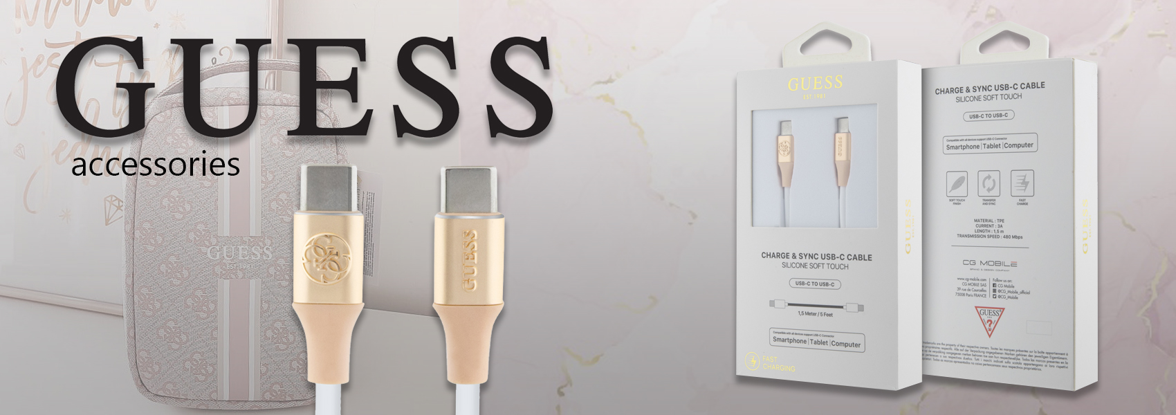 Guess GUCCLALRGDD laidas USB-C – USB-C 1.5m greitas įkrovimas, šviesiai auksinis, su įspaustu logotipu aprašymas - Prekės nuotrauka