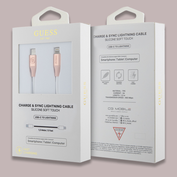 Guess GUCLLALRGDP USB-C į Lightning laidas 1.5m greitas įkrovimas, rožinis, su įspaustu logotipu aprašymas - Prekės nuotrauka