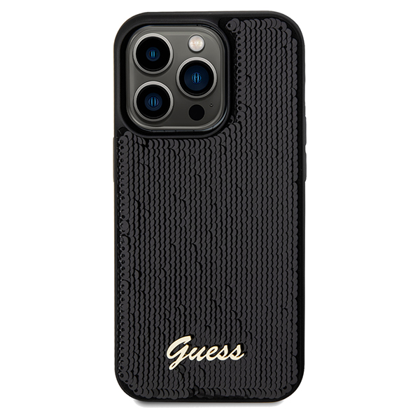 Guess GUHCP13LPSFDGSK iPhone 13 Pro / 13 6.1″ juodos spalvos kietas dėklas Sequin Script Metal aprašymas - Prekės nuotrauka