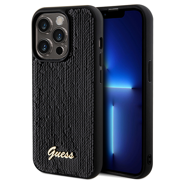 Guess GUHCP13LPSFDGSK iPhone 13 Pro / 13 6.1″ juodos spalvos kietas dėklas Sequin Script Metal aprašymas - Prekės nuotrauka