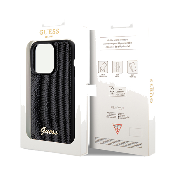 Guess GUHCP13LPSFDGSK iPhone 13 Pro / 13 6.1″ juodos spalvos kietas dėklas Sequin Script Metal aprašymas - Prekės nuotrauka