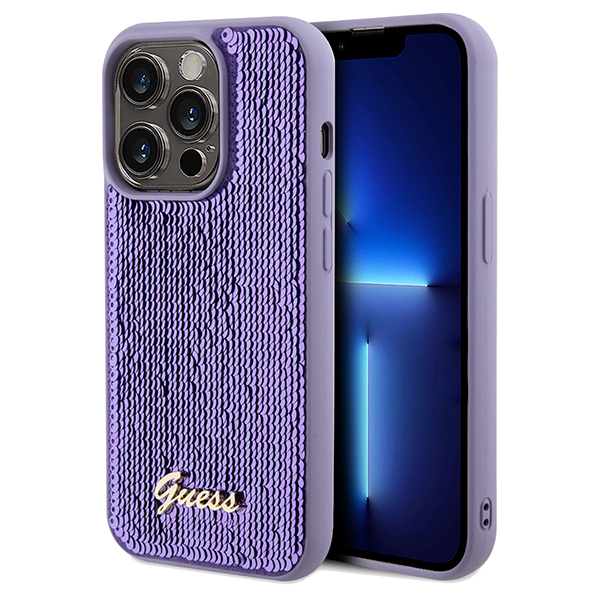 Guess GUHCP13LPSFDGSU iPhone 13 Pro /13 6.1″ violetinės spalvos kietas dėklas Sequin Script Metal aprašymas - Prekės nuotrauka