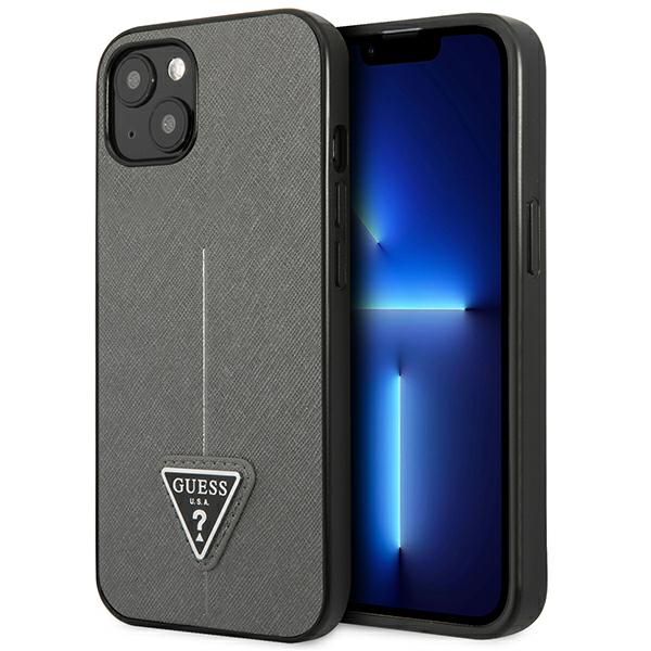 Guess GUHCP13MPSATLG Apple iPhone 13 / 14 / 15 6,1″ sidabrinis kietas dėklas SaffianoTriangle Logo aprašymas - Prekės nuotrauka