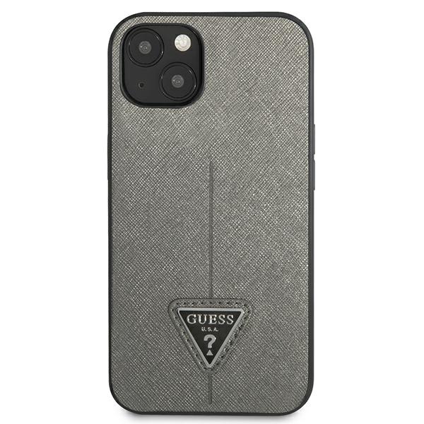 Guess GUHCP13MPSATLG Apple iPhone 13 / 14 / 15 6,1″ sidabrinis kietas dėklas SaffianoTriangle Logo aprašymas - Prekės nuotrauka