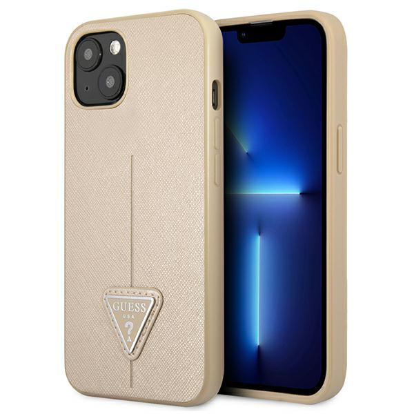 Guess GUHCP13SPSATLE iPhone 13 mini 5,4 colio mažesnis/smėlio spalvos kietas dėklas SaffianoTriangle logotipas aprašymas - Prekės nuotrauka