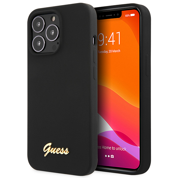 Guess GUHCP13XLSLMGBK iPhone 13 Pro Max 6.7″ juodos spalvos kietas dėklas Silicone Script Gold Logo aprašymas - Prekės nuotrauka