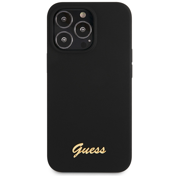 Guess GUHCP13XLSLMGBK iPhone 13 Pro Max 6.7″ juodos spalvos kietas dėklas Silicone Script Gold Logo aprašymas - Prekės nuotrauka