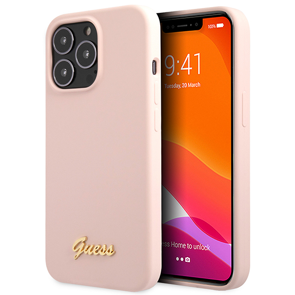 Guess GUHCP13XLSLMGLP Apple iPhone 13 Pro Max 6.7″ light rožinės spalvos kietas dėklas Silicone Script Gold Log aprašymas - Prekės nuotrauka