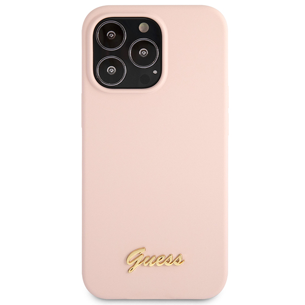 Guess GUHCP13XLSLMGLP Apple iPhone 13 Pro Max 6.7″ light rožinės spalvos kietas dėklas Silicone Script Gold Log aprašymas - Prekės nuotrauka