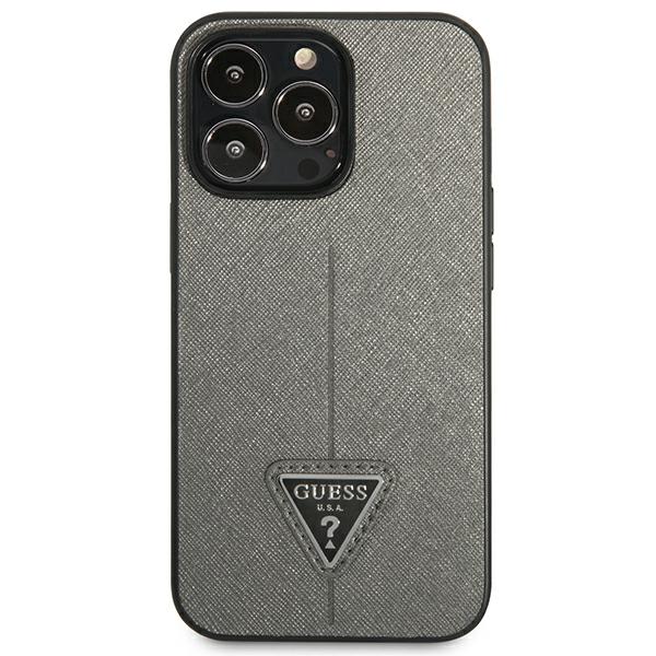 Guess GUHCP13XPSATLG Apple iPhone 13 Pro Max 6,7″ sidabrinis kietas dėklas SaffianoTriangle Logo aprašymas - Prekės nuotrauka