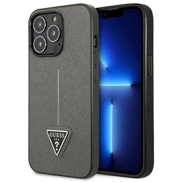Guess GUHCP13XPSATLG Apple iPhone 13 Pro Max 6,7″ sidabrinis kietas dėklas SaffianoTriangle Logo aprašymas - Prekės nuotrauka
