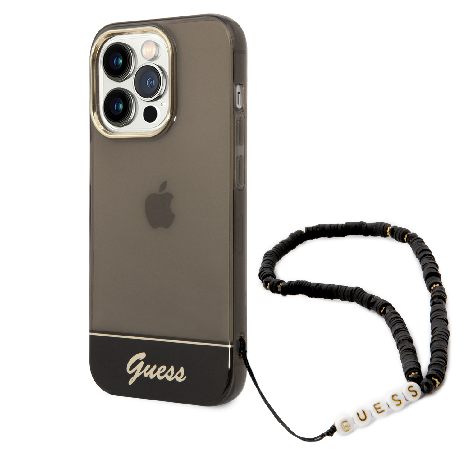 Guess GUHCP14LHGCOHK iPhone 14 Pro 6,1″ juodos spalvos kietas dėklas Translucent Pearl Strap aprašymas - Prekės nuotrauka