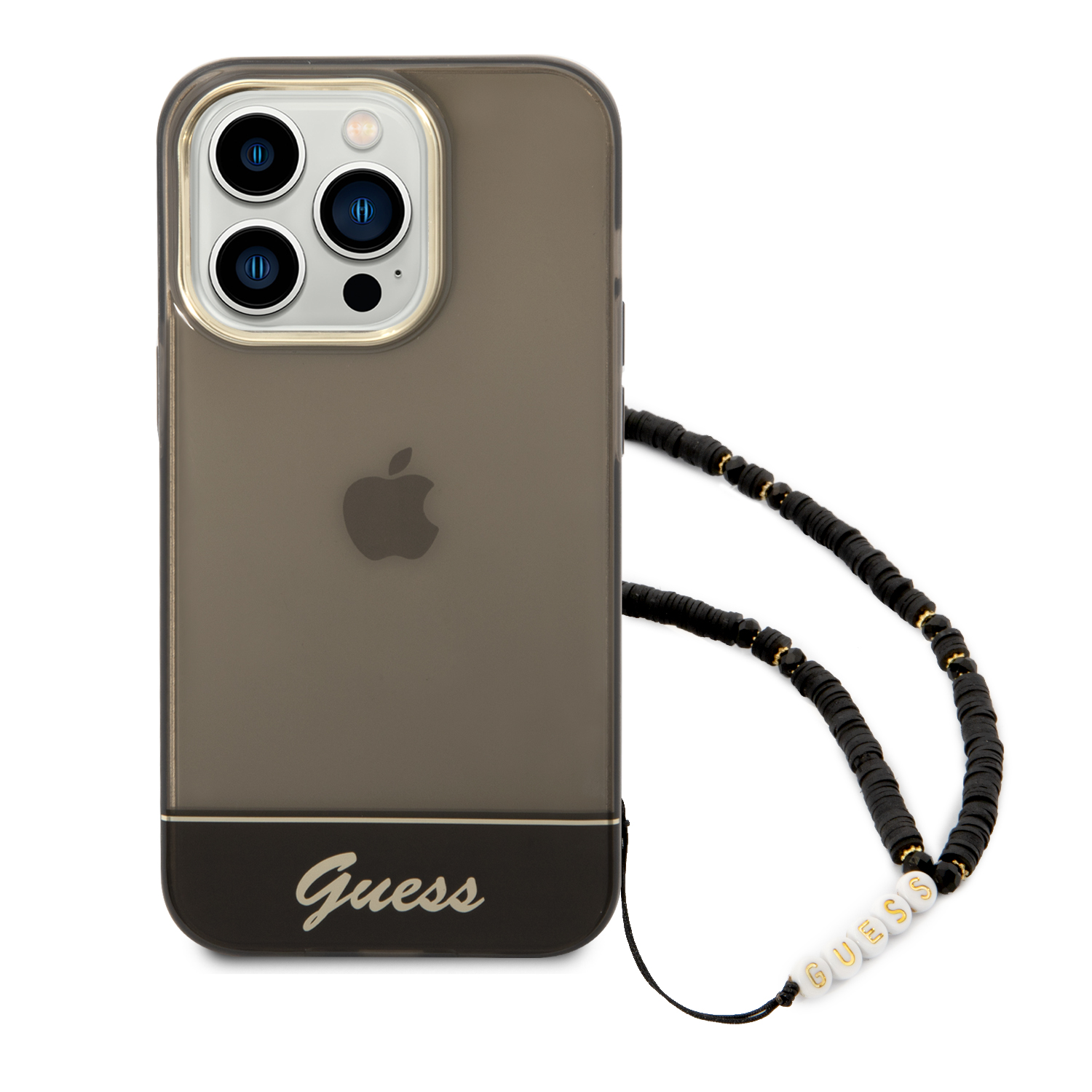 Guess GUHCP14LHGCOHK iPhone 14 Pro 6,1″ juodos spalvos kietas dėklas Translucent Pearl Strap aprašymas - Prekės nuotrauka