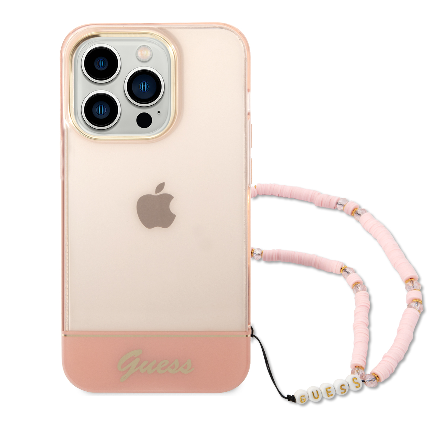 Guess GUHCP14LHGCOHP iPhone 14 Pro 6,1″ rožinis kietas dėklas Translucent Pearl Strap aprašymas - Prekės nuotrauka