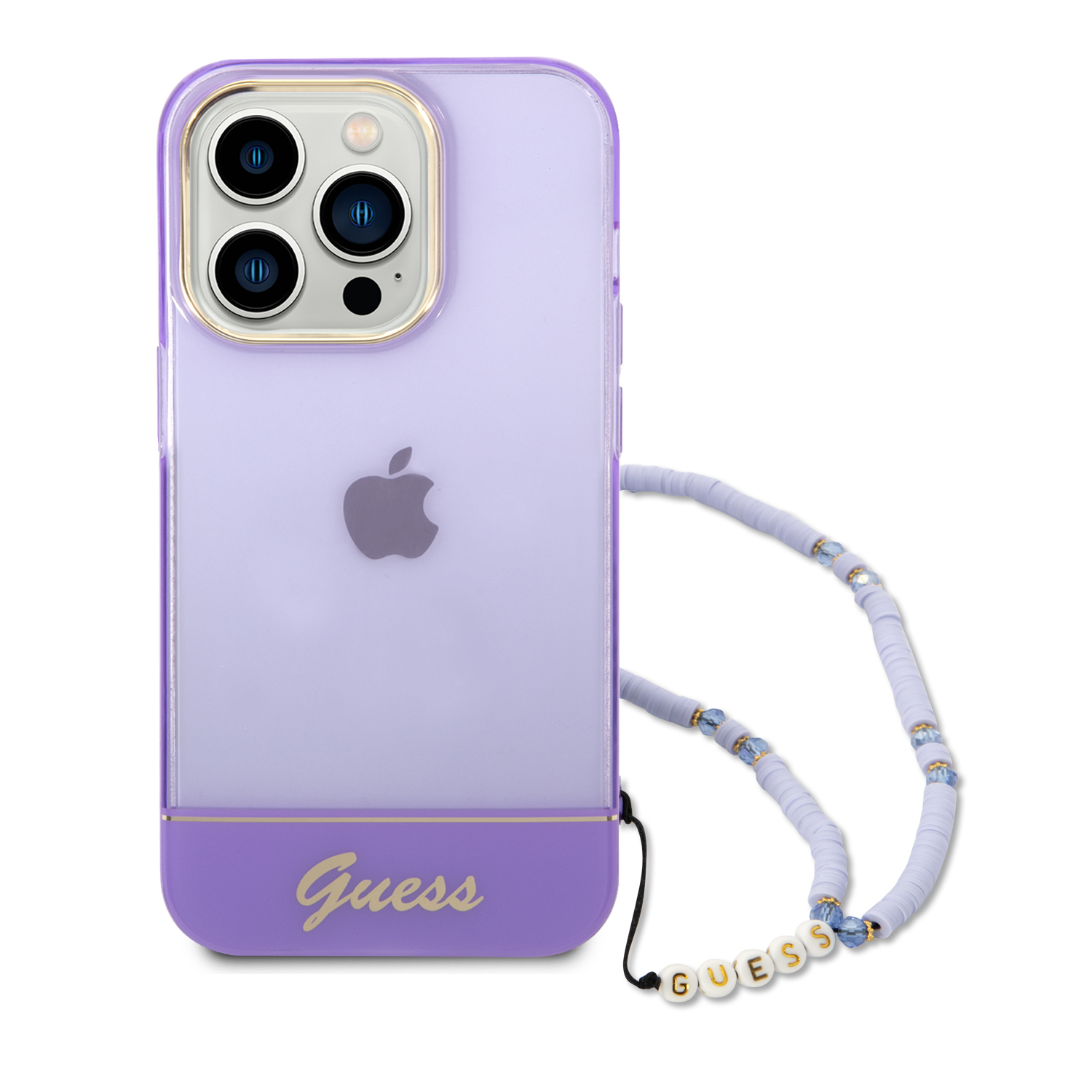 Guess GUHCP14LHGCOHU iPhone 14 Pro 6,1″ violetinis kietas dėklas Translucent Pearl su dirželiu aprašymas - Prekės nuotrauka